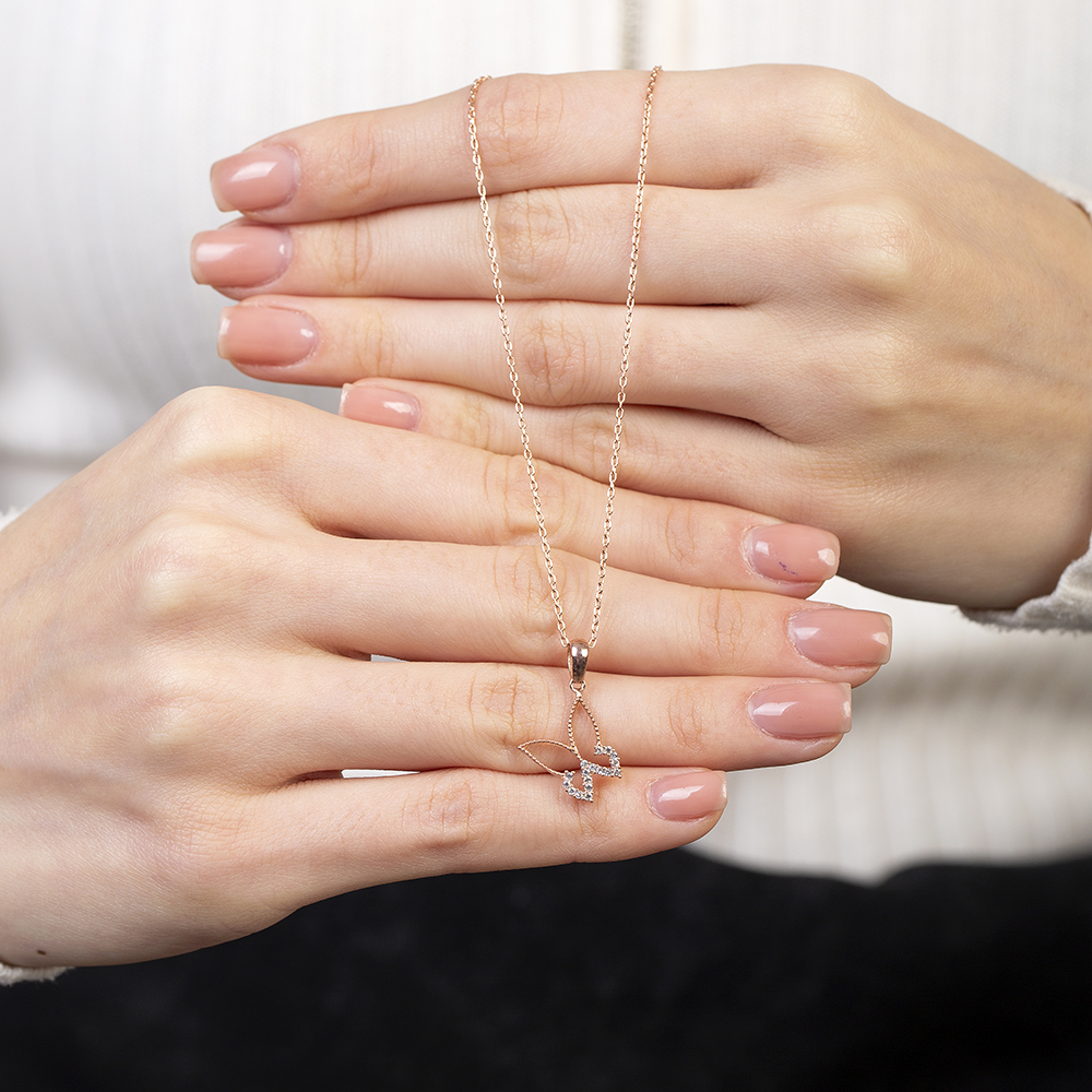 Beyaz Zirkon Taşlı Kelebek Tasarım Rose Renk 925 Ayar Gümüş Kadın Kolye - 5