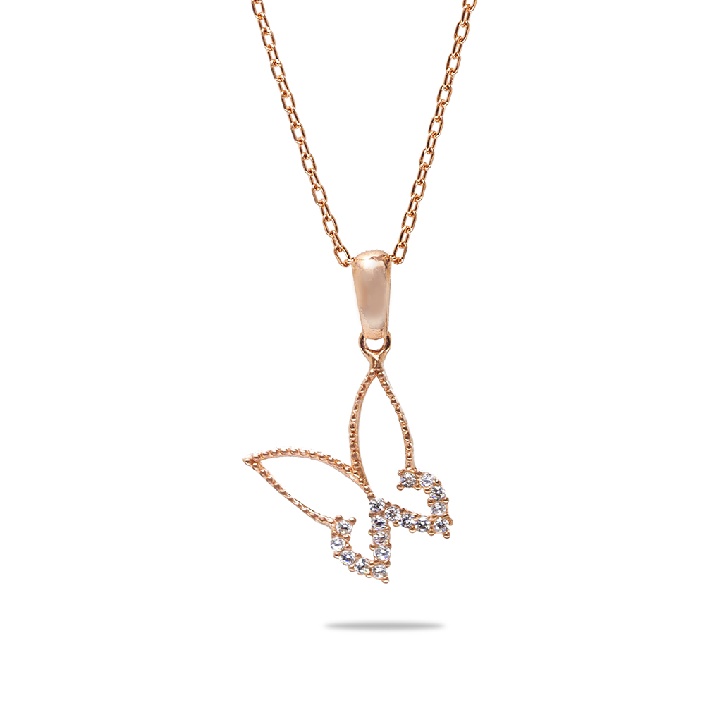 Beyaz Zirkon Taşlı Kelebek Tasarım Rose Renk 925 Ayar Gümüş Kadın Kolye - 3