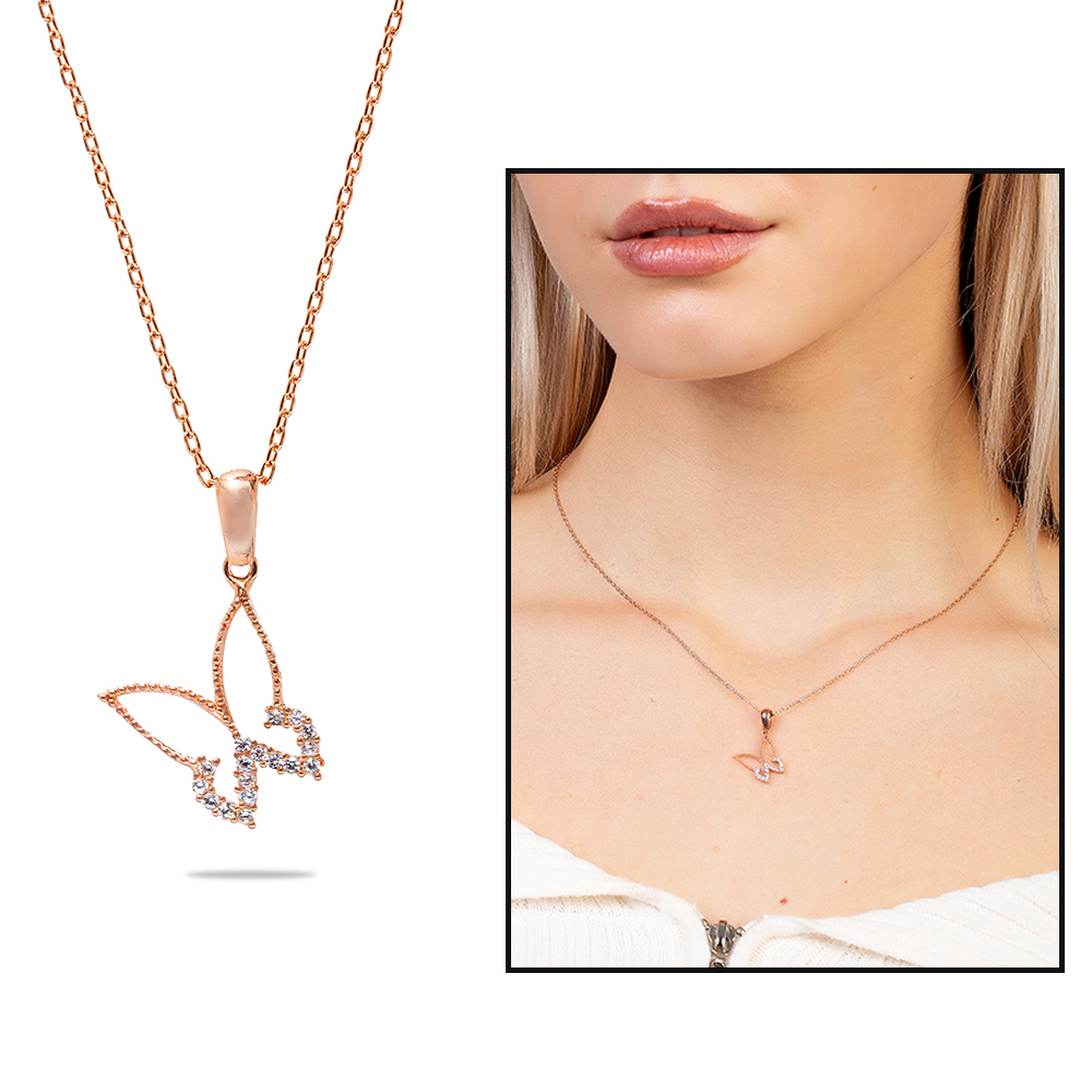 Beyaz Zirkon Taşlı Kelebek Tasarım Rose Renk 925 Ayar Gümüş Kadın Kolye - 1