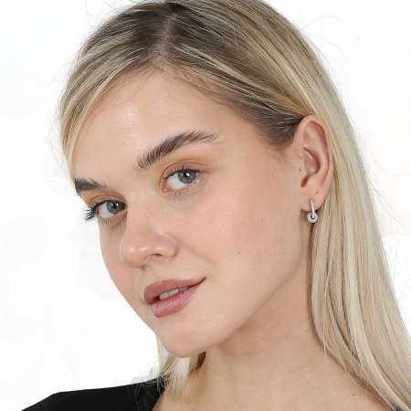 Beyaz Zirkon Taşlı Küre Top Sallantılı Gümüş Renk 925 Ayar Gümüş Kadın Küpe - Tesbihane