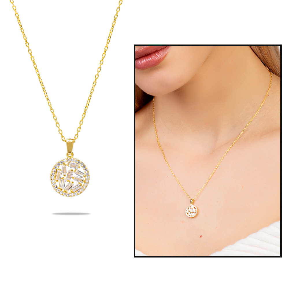 Beyaz Zirkon Taşlı Labirent Tasarım Altın Renk 925 Ayar Gümüş Kadın Kolye - 1