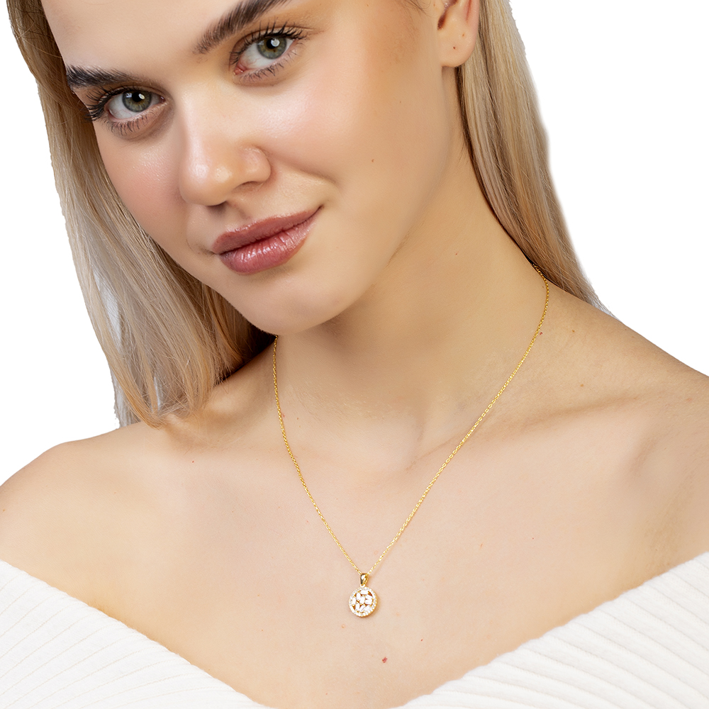 Beyaz Zirkon Taşlı Labirent Tasarım Altın Renk 925 Ayar Gümüş Kadın Kolye - 2