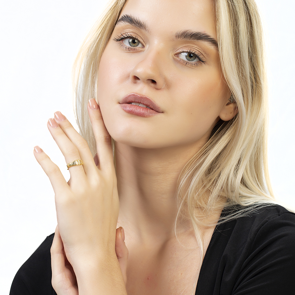 Beyaz Zirkon Taşlı Merdiven Tasarım Altın Renk Ayarlanabilir Ölçü 925 Ayar Gümüş Kadın Yüzük - 3