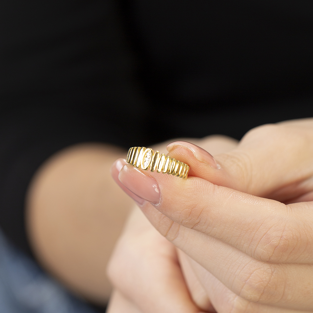 Beyaz Zirkon Taşlı Merdiven Tasarım Altın Renk Ayarlanabilir Ölçü 925 Ayar Gümüş Kadın Yüzük - 5