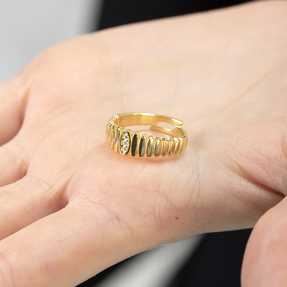 Beyaz Zirkon Taşlı Merdiven Tasarım Altın Renk Ayarlanabilir Ölçü 925 Ayar Gümüş Kadın Yüzük - 6