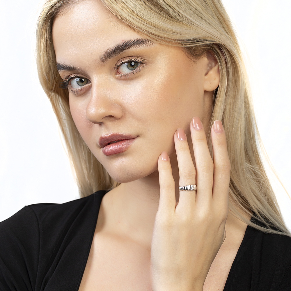 Beyaz Zirkon Taşlı Merdiven Tasarım Gümüş Renk Ayarlanabilir Ölçü 925 Ayar Gümüş Kadın Yüzük - 6