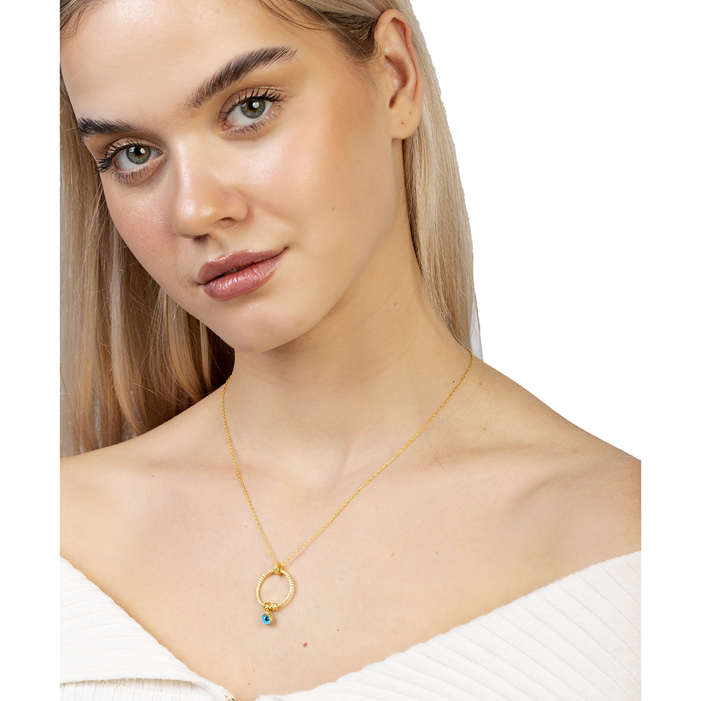 Beyaz Zirkon Taşlı Nazar Boncuğu Detaylı Dorika Top Süslemeli Altın Renk 925 Ayar Gümüş Kadın Kolye - 2