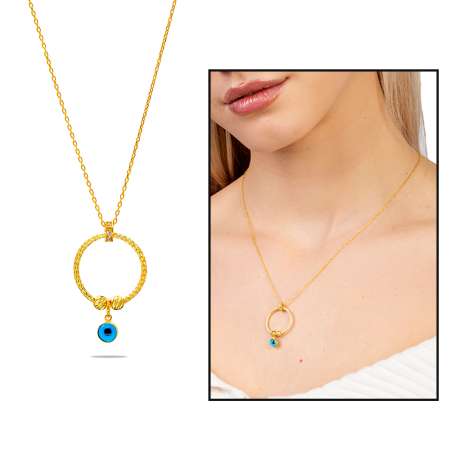 Beyaz Zirkon Taşlı Nazar Boncuğu Detaylı Dorika Top Süslemeli Altın Renk 925 Ayar Gümüş Kadın Kolye - Tesbihane