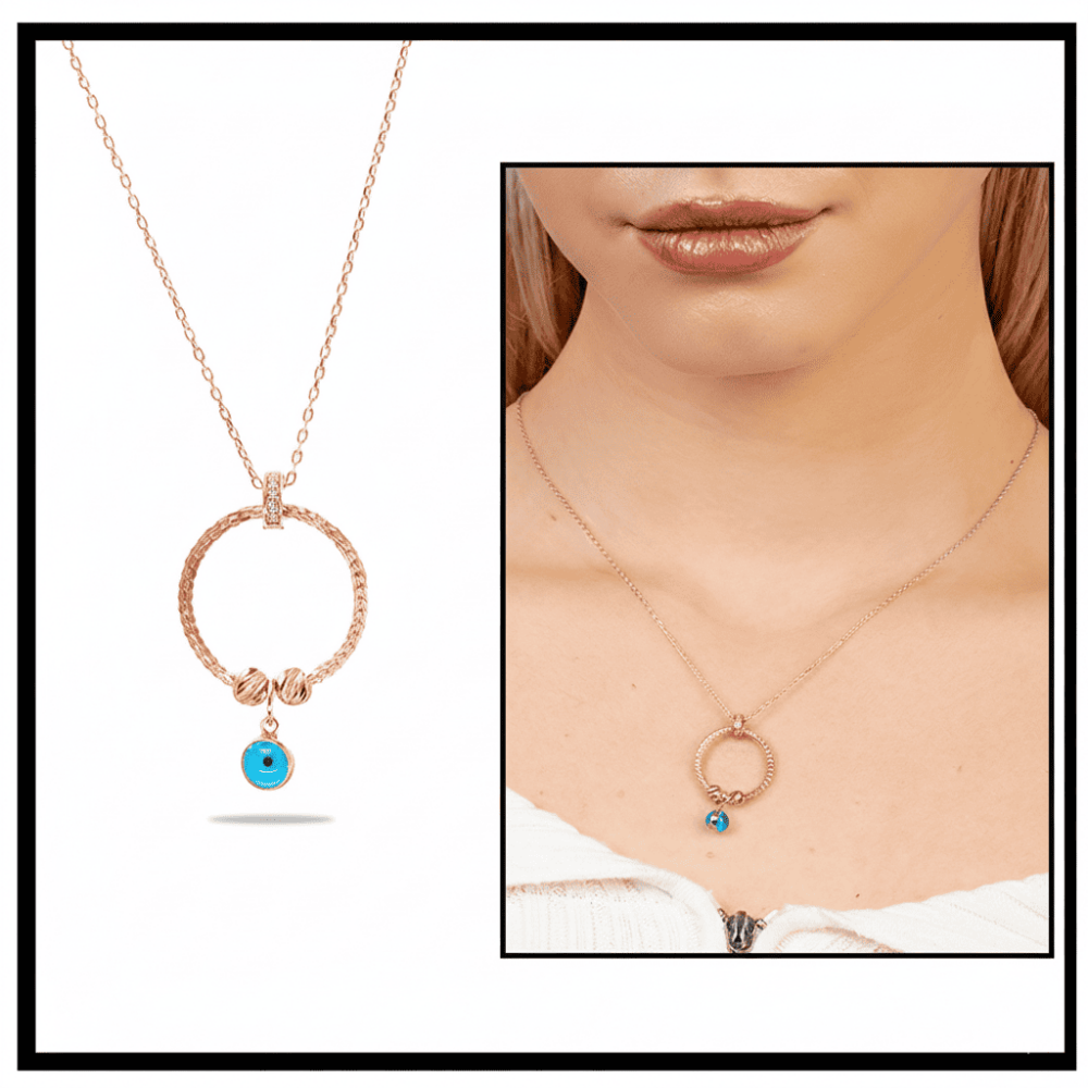 Beyaz Zirkon Taşlı Nazar Boncuğu Detaylı Dorika Top Süslemeli Rose Renk 925 Ayar Gümüş Kadın Kolye - 1