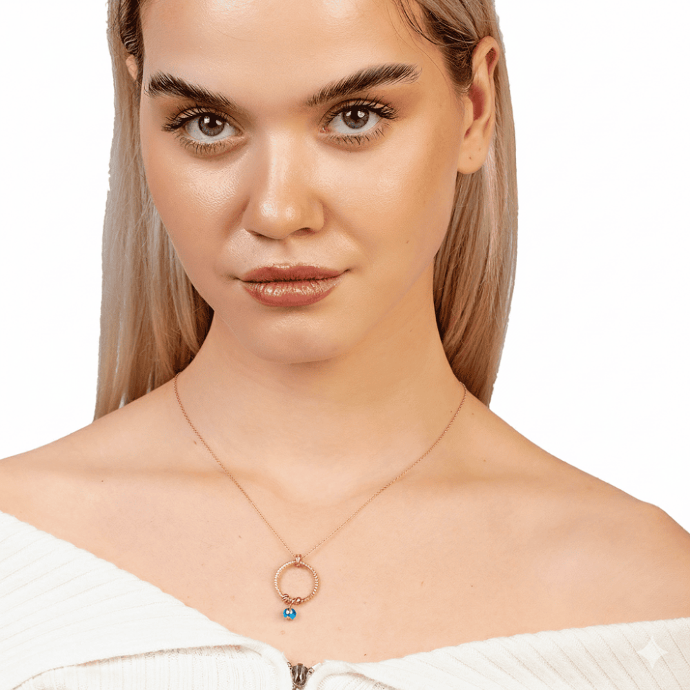 Beyaz Zirkon Taşlı Nazar Boncuğu Detaylı Dorika Top Süslemeli Rose Renk 925 Ayar Gümüş Kadın Kolye - 2