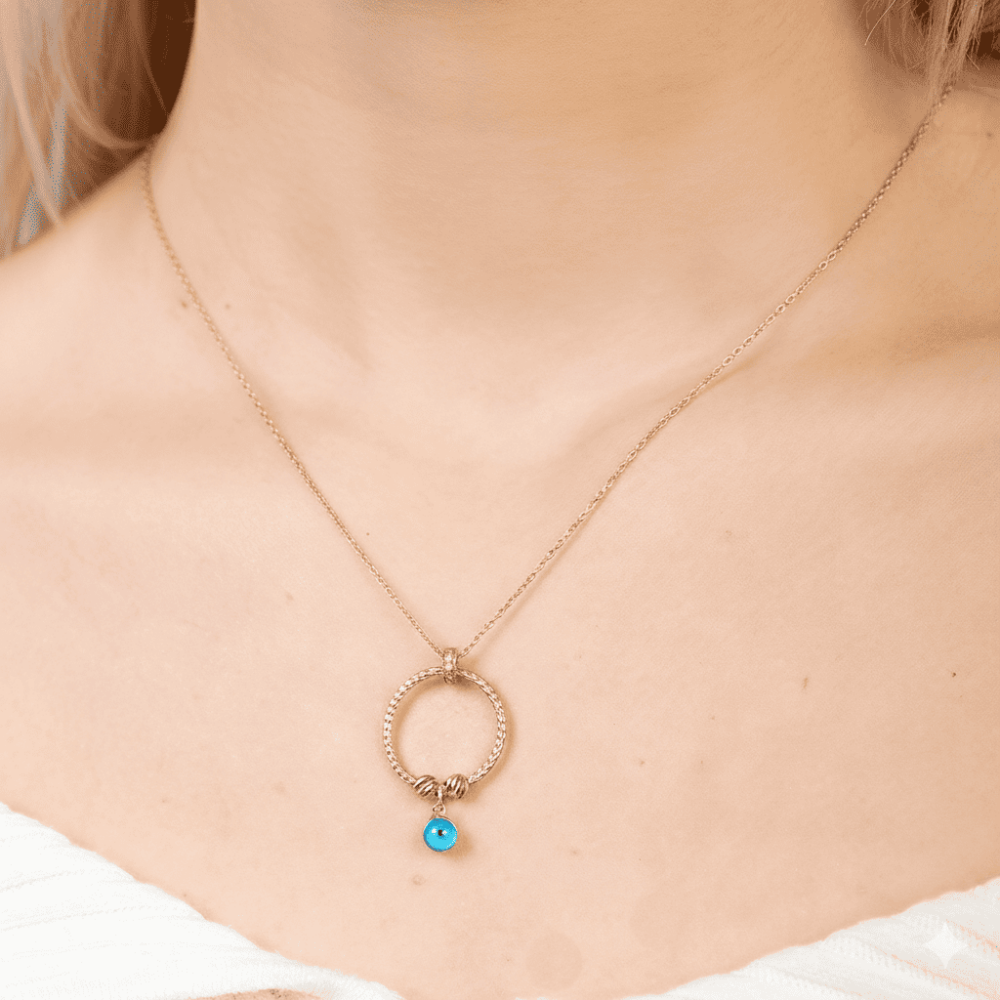 Beyaz Zirkon Taşlı Nazar Boncuğu Detaylı Dorika Top Süslemeli Rose Renk 925 Ayar Gümüş Kadın Kolye - 4