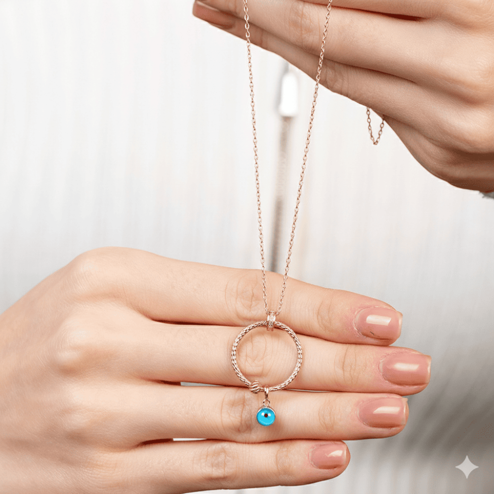 Beyaz Zirkon Taşlı Nazar Boncuğu Detaylı Dorika Top Süslemeli Rose Renk 925 Ayar Gümüş Kadın Kolye - 5