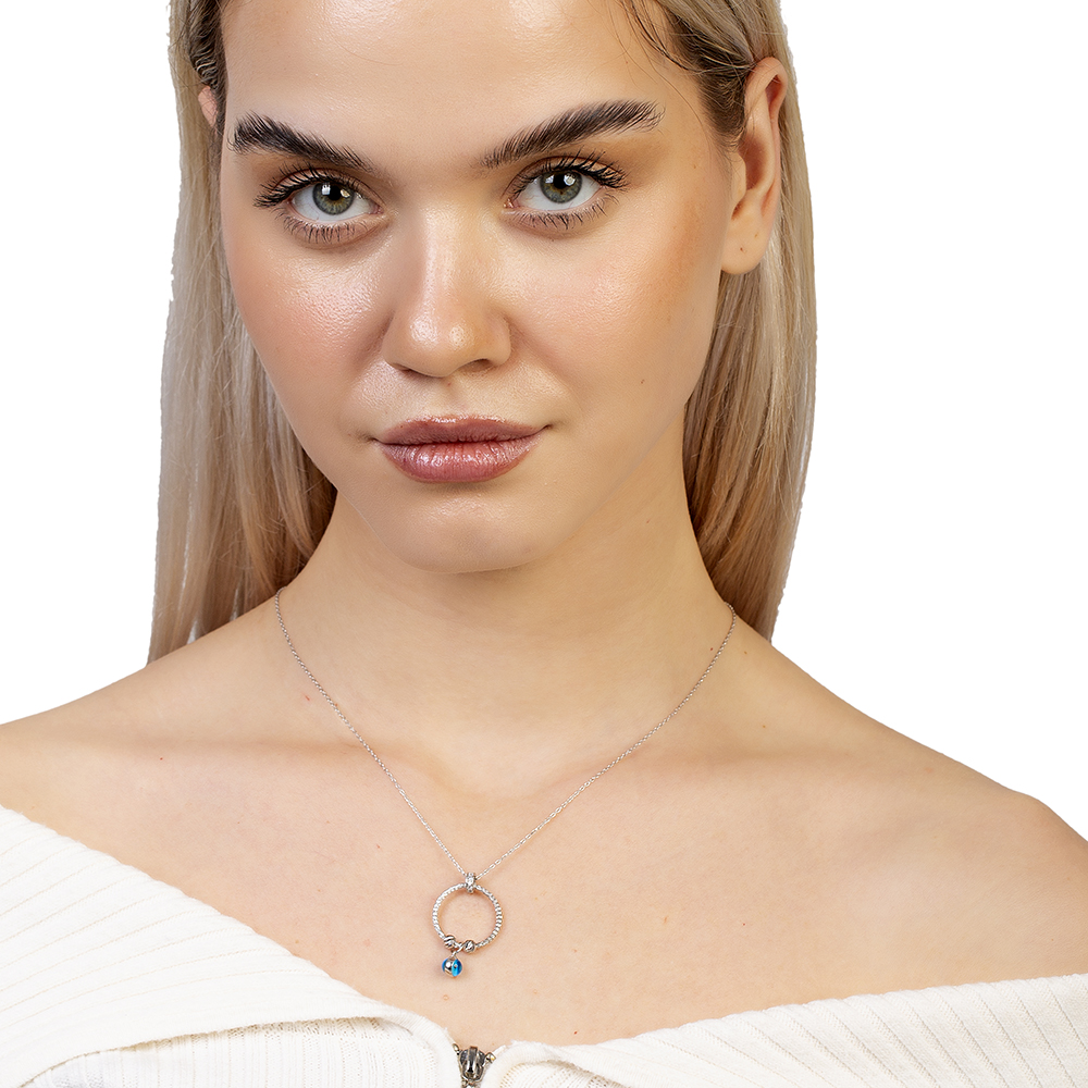 Beyaz Zirkon Taşlı Nazar Boncuğu Detaylı Dorika Top Süslemeli Gümüş Renk 925 Ayar Gümüş Kadın Kolye - 2