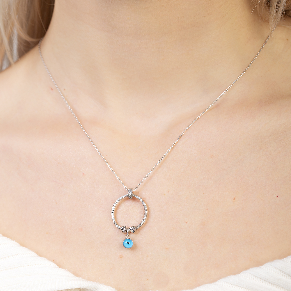 Beyaz Zirkon Taşlı Nazar Boncuğu Detaylı Dorika Top Süslemeli Gümüş Renk 925 Ayar Gümüş Kadın Kolye - 4