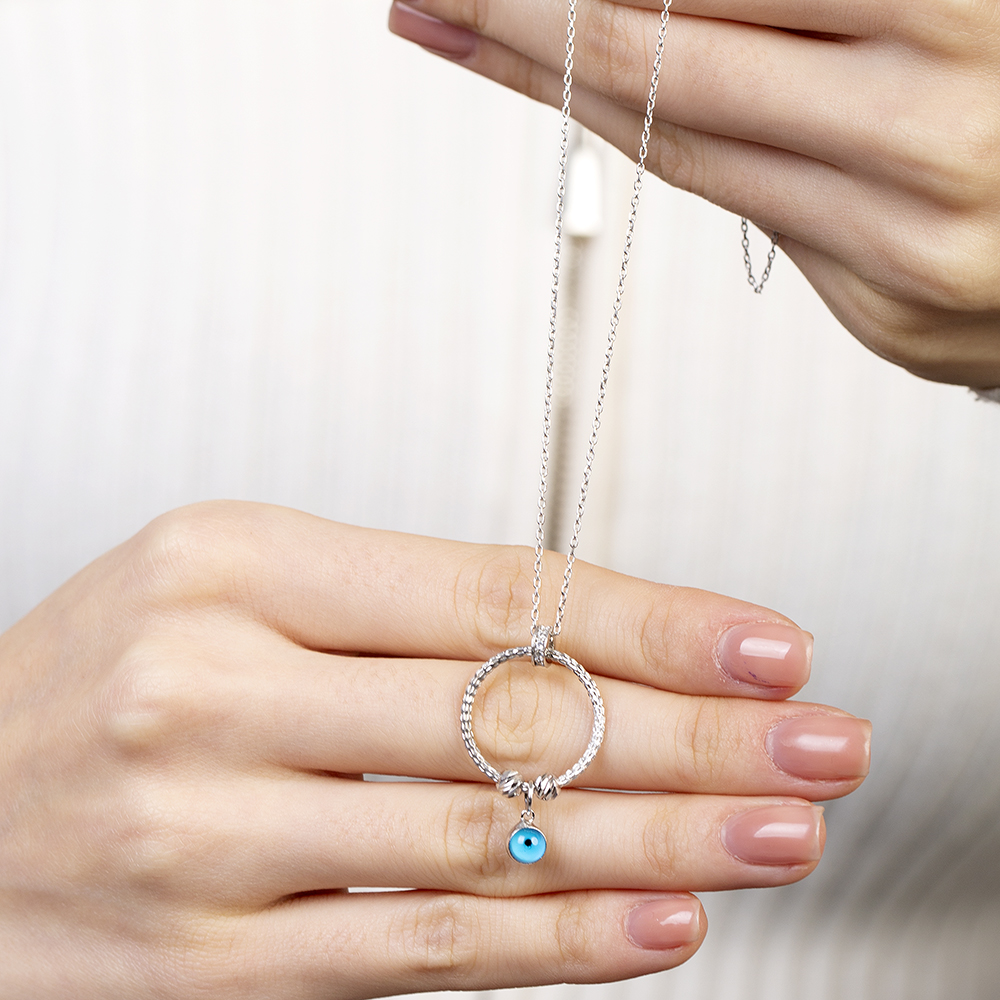 Beyaz Zirkon Taşlı Nazar Boncuğu Detaylı Dorika Top Süslemeli Gümüş Renk 925 Ayar Gümüş Kadın Kolye - 5