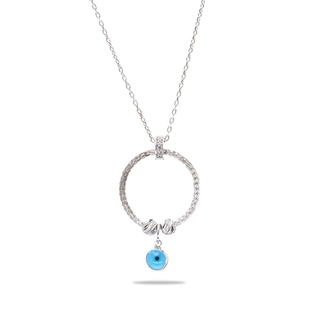 Beyaz Zirkon Taşlı Nazar Boncuğu Detaylı Dorika Top Süslemeli Gümüş Renk 925 Ayar Gümüş Kadın Kolye - 3