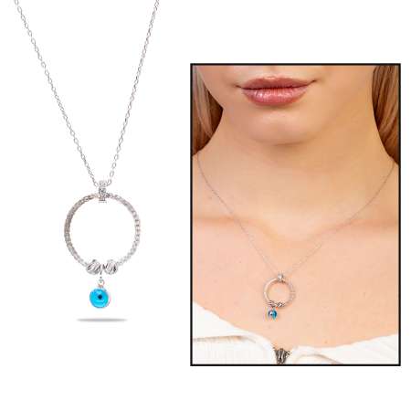 Beyaz Zirkon Taşlı Nazar Boncuğu Detaylı Dorika Top Süslemeli Gümüş Renk 925 Ayar Gümüş Kadın Kolye - Tesbihane