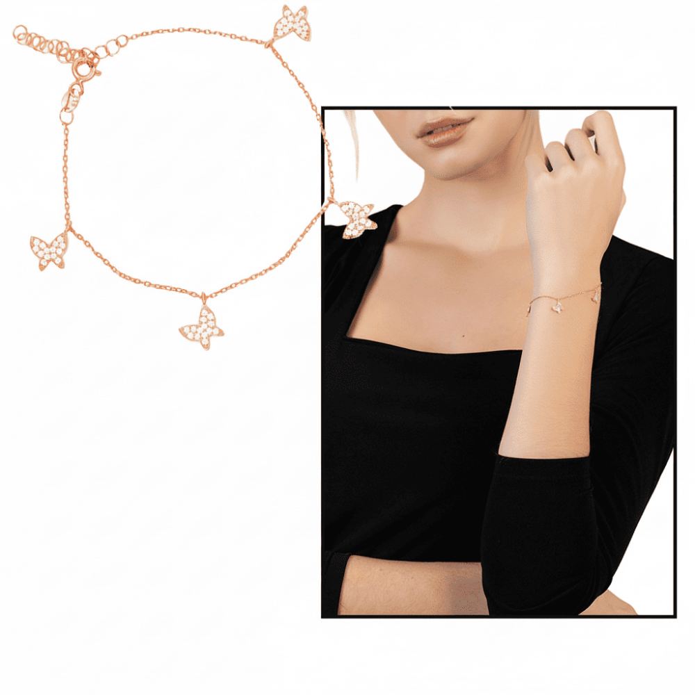 Beyaz Zirkon Taşlı Rose Renk Kelebek Tasarım 925 Ayar Gümüş Kadın Bileklik - 1