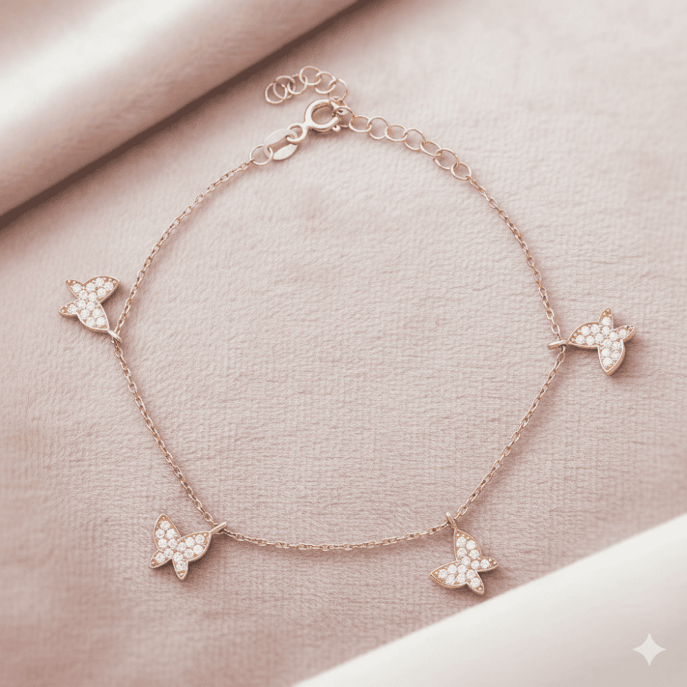 Beyaz Zirkon Taşlı Rose Renk Kelebek Tasarım 925 Ayar Gümüş Kadın Bileklik - 2