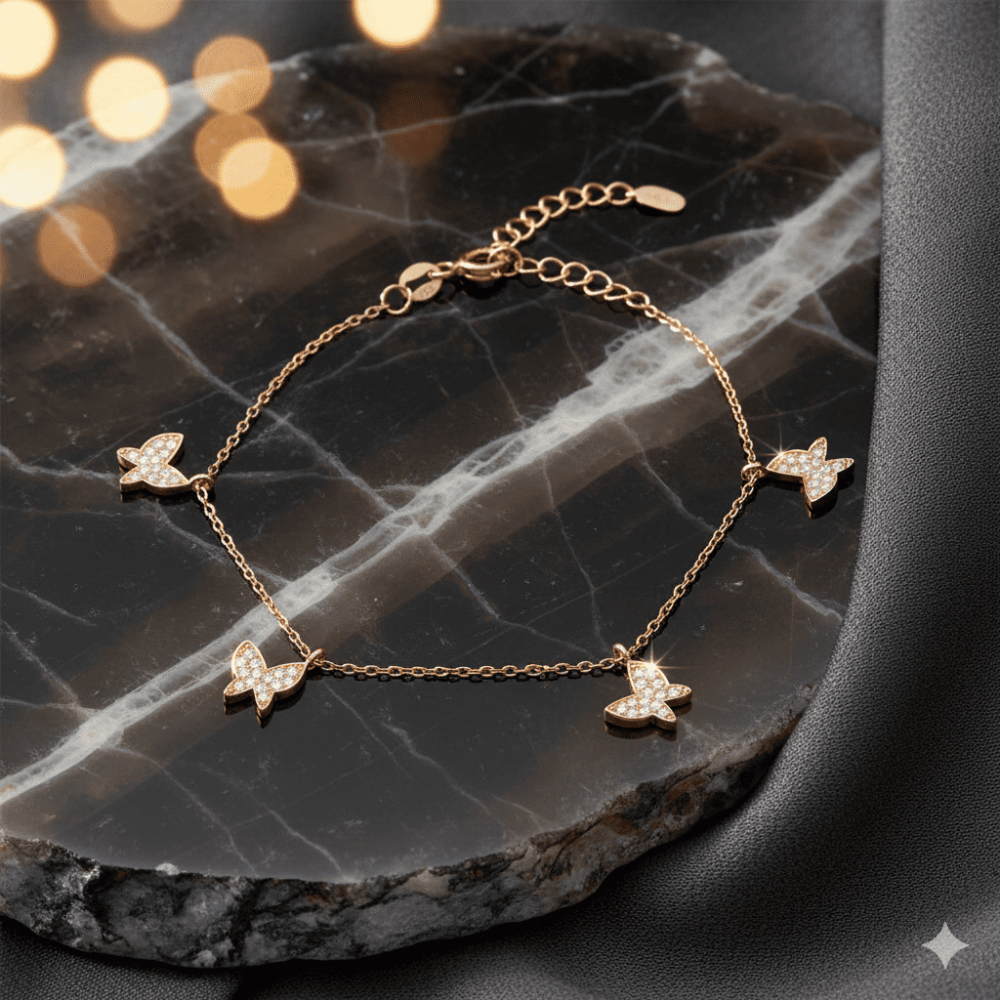 Beyaz Zirkon Taşlı Rose Renk Kelebek Tasarım 925 Ayar Gümüş Kadın Bileklik - 3