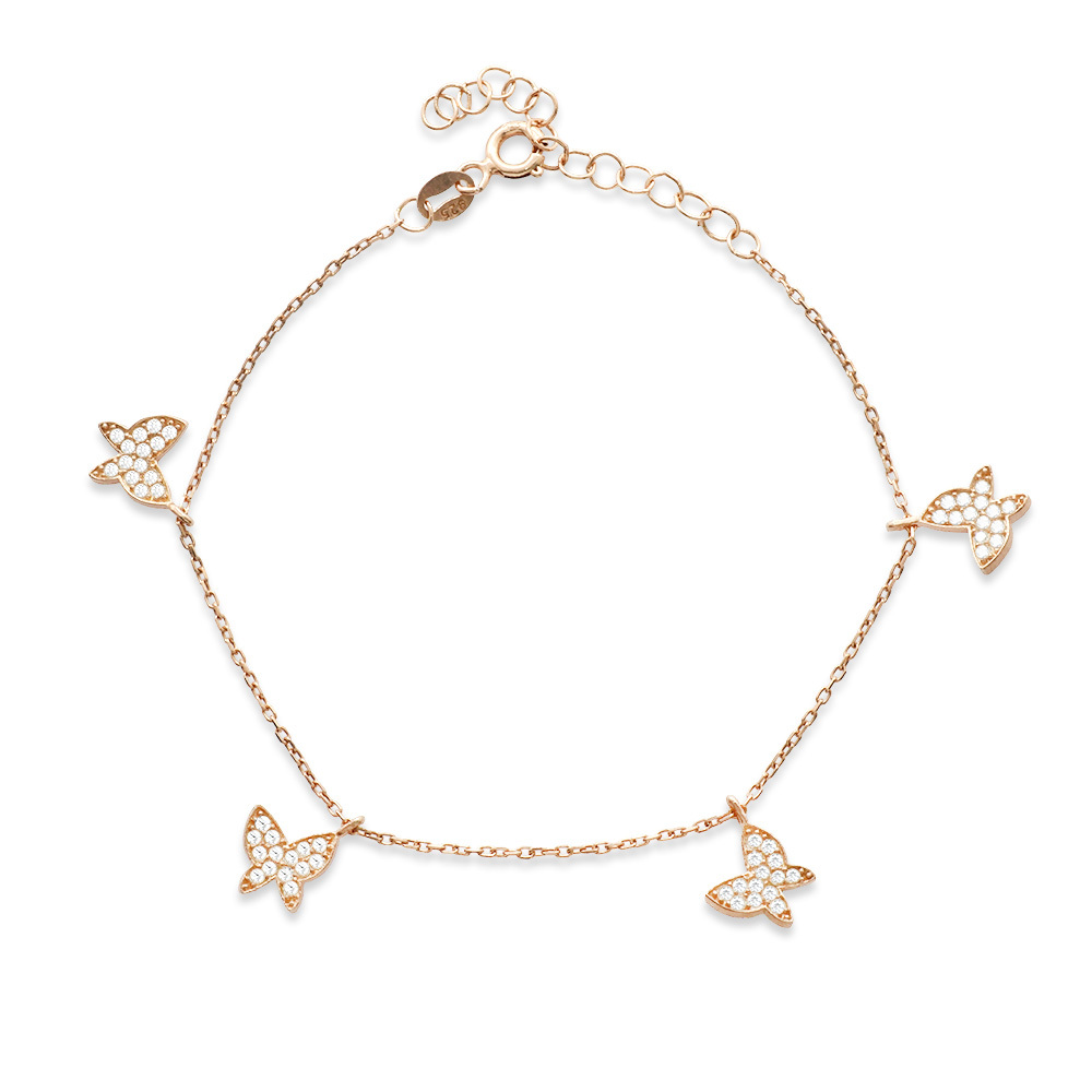 Beyaz Zirkon Taşlı Rose Renk Kelebek Tasarım 925 Ayar Gümüş Kadın Bileklik - 6