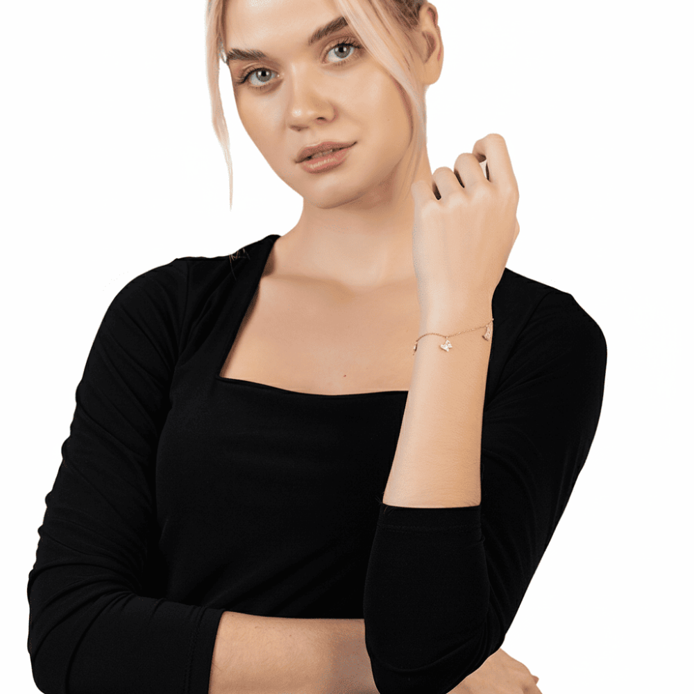 Beyaz Zirkon Taşlı Rose Renk Kelebek Tasarım 925 Ayar Gümüş Kadın Bileklik - 7