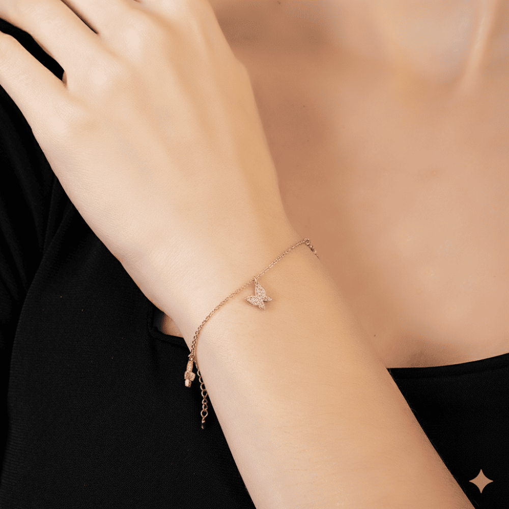 Beyaz Zirkon Taşlı Rose Renk Kelebek Tasarım 925 Ayar Gümüş Kadın Bileklik - 4