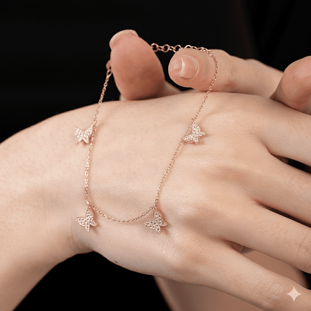 Beyaz Zirkon Taşlı Rose Renk Kelebek Tasarım 925 Ayar Gümüş Kadın Bileklik - 5