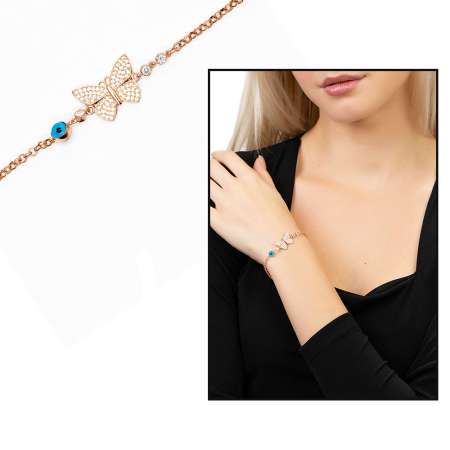 Beyaz Zirkon Taşlı Rose Renk Kelebek Tasarım Nazar Boncuğu Detaylı 925 Ayar Gümüş Kadın Bileklik - Tesbihane