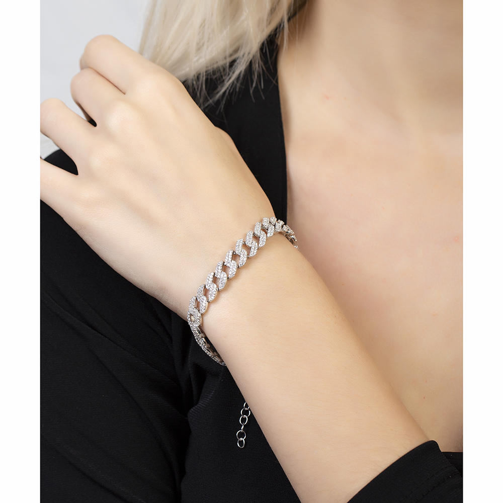 Beyaz Zirkon Taşlı Gümüş Renk 925 Ayar Gümüş Gurmet Kadın Bileklik - 4