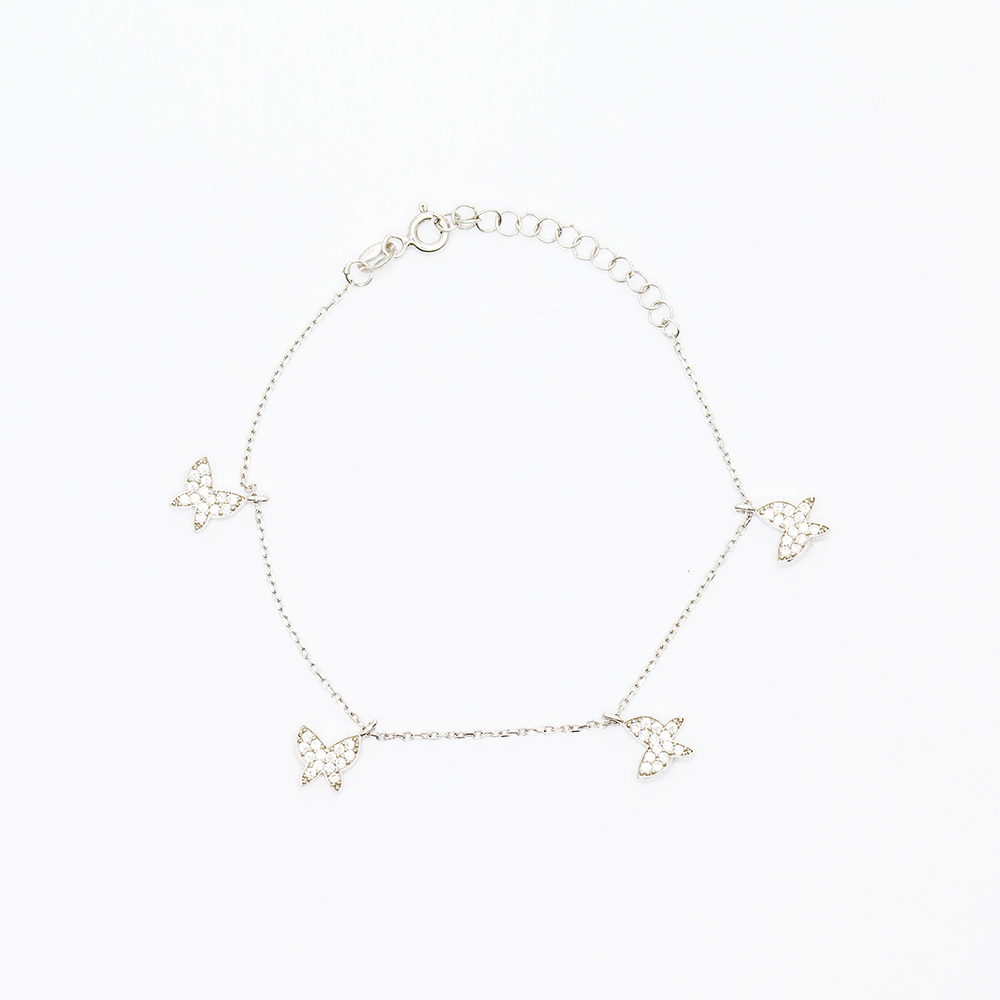 Beyaz Zirkon Taşlı Gümüş Renk Kelebek Tasarım 925 Ayar Gümüş Kadın Bileklik - 2