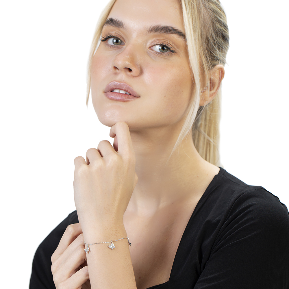 Beyaz Zirkon Taşlı Gümüş Renk Kelebek Tasarım 925 Ayar Gümüş Kadın Bileklik - 3