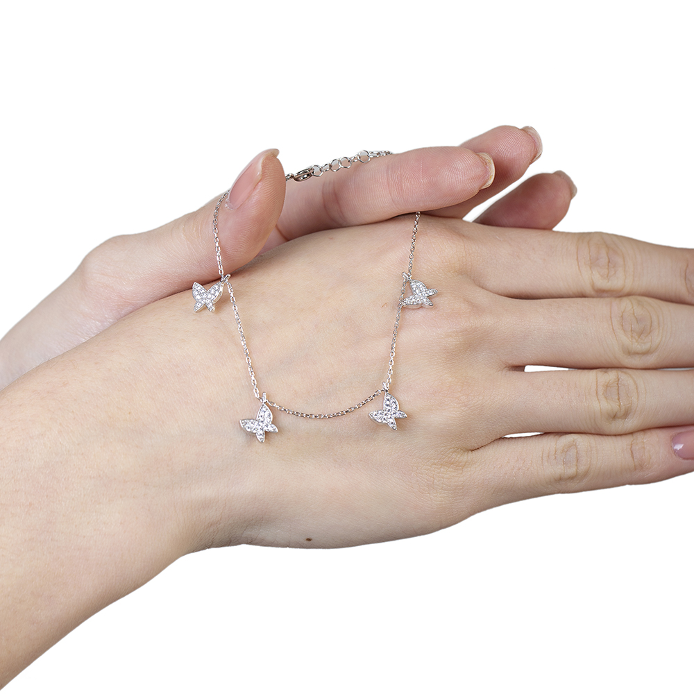 Beyaz Zirkon Taşlı Gümüş Renk Kelebek Tasarım 925 Ayar Gümüş Kadın Bileklik - 5