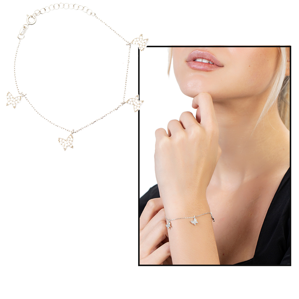 Beyaz Zirkon Taşlı Gümüş Renk Kelebek Tasarım 925 Ayar Gümüş Kadın Bileklik - 1