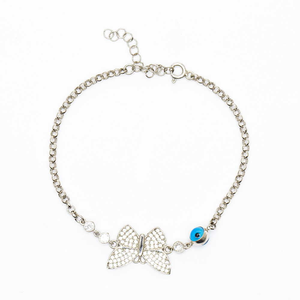 Beyaz Zirkon Taşlı Gümüş Renk Kelebek Tasarım Nazar Boncuğu Detaylı 925 Ayar Gümüş Kadın Bileklik - 2