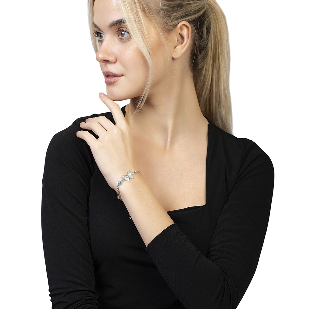 Beyaz Zirkon Taşlı Gümüş Renk Kelebek Tasarım Nazar Boncuğu Detaylı 925 Ayar Gümüş Kadın Bileklik - 3