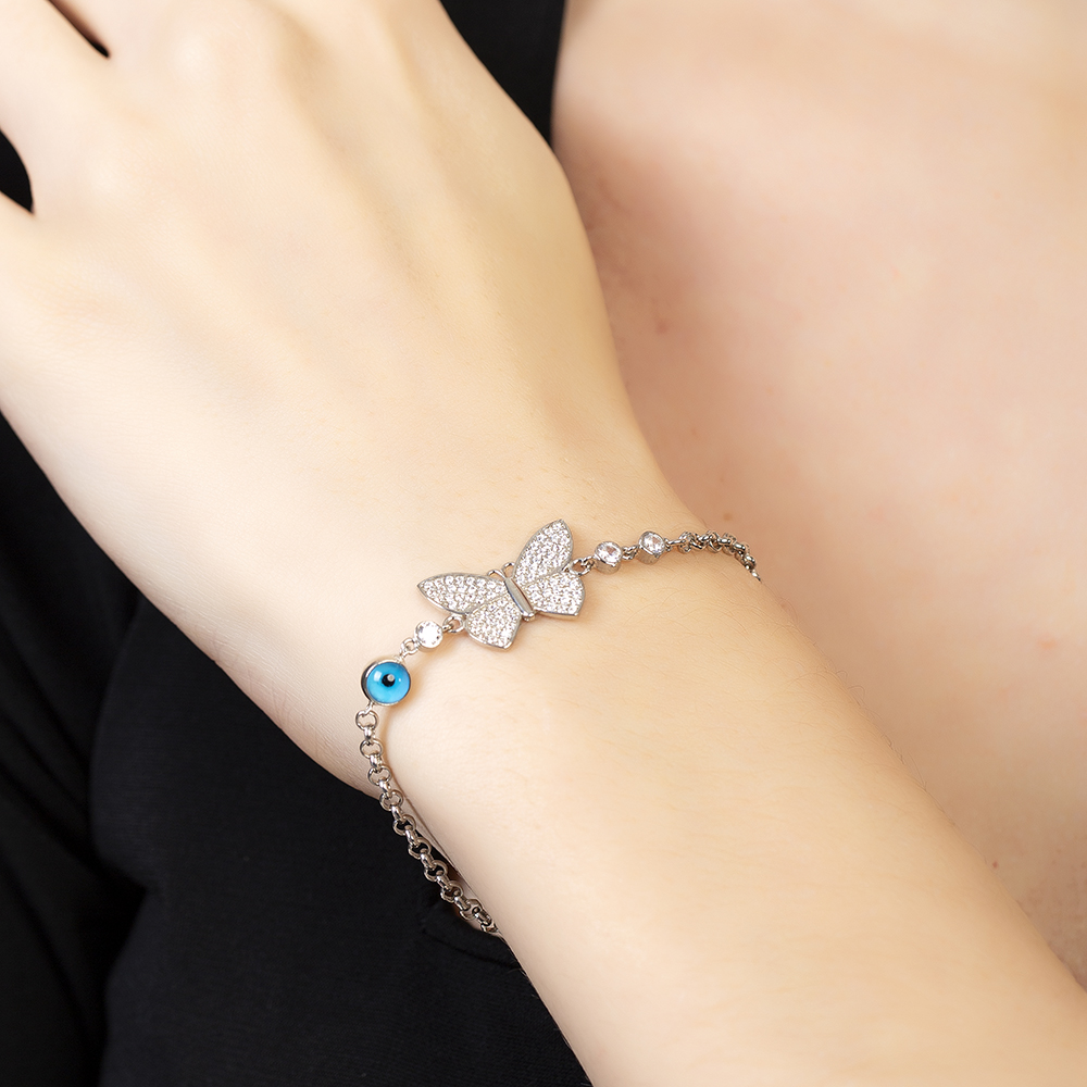 Beyaz Zirkon Taşlı Gümüş Renk Kelebek Tasarım Nazar Boncuğu Detaylı 925 Ayar Gümüş Kadın Bileklik - 4