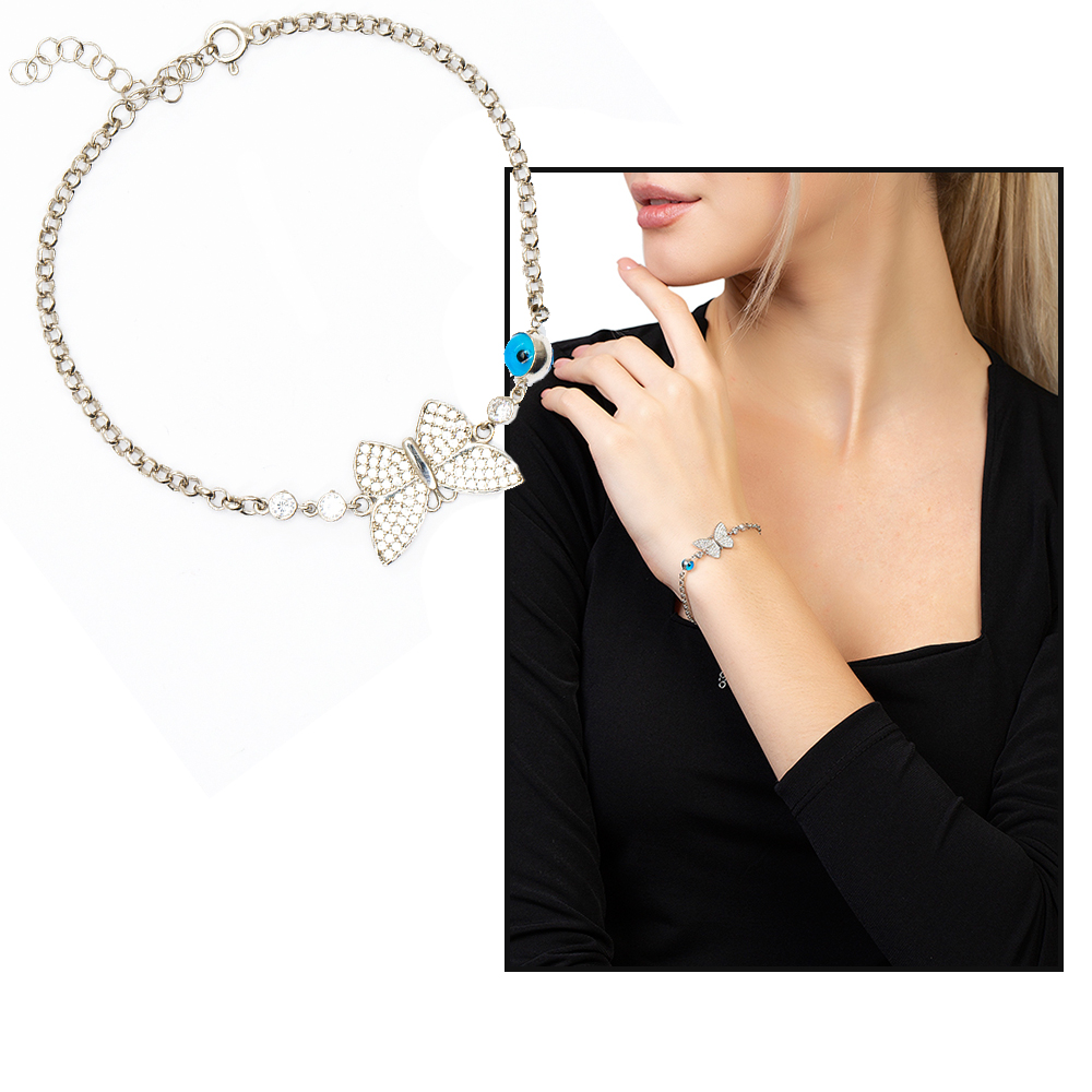 Beyaz Zirkon Taşlı Gümüş Renk Kelebek Tasarım Nazar Boncuğu Detaylı 925 Ayar Gümüş Kadın Bileklik - 1