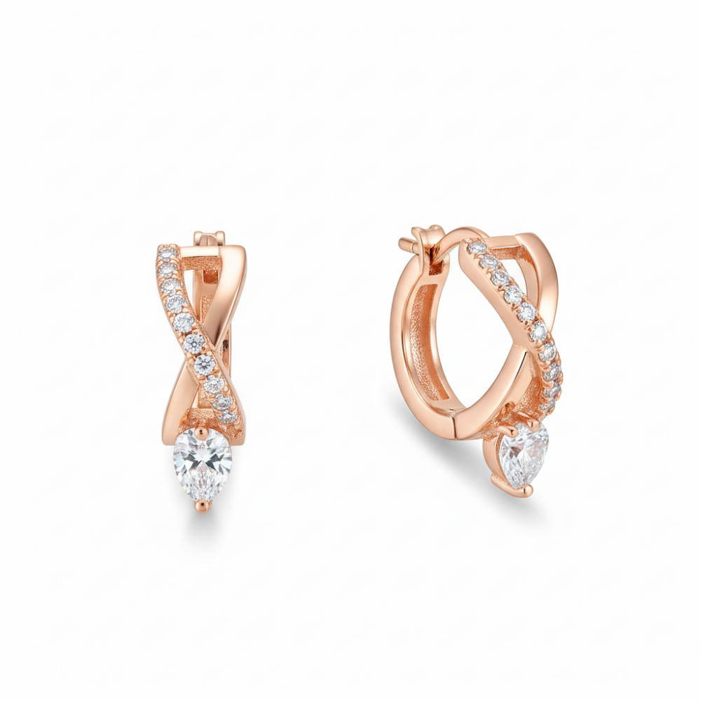 Beyaz Zirkon Taşlı Sonsuzluk Detaylı Rose Renk 925 Ayar Gümüş Tek Taş Kadın Küpe - 4