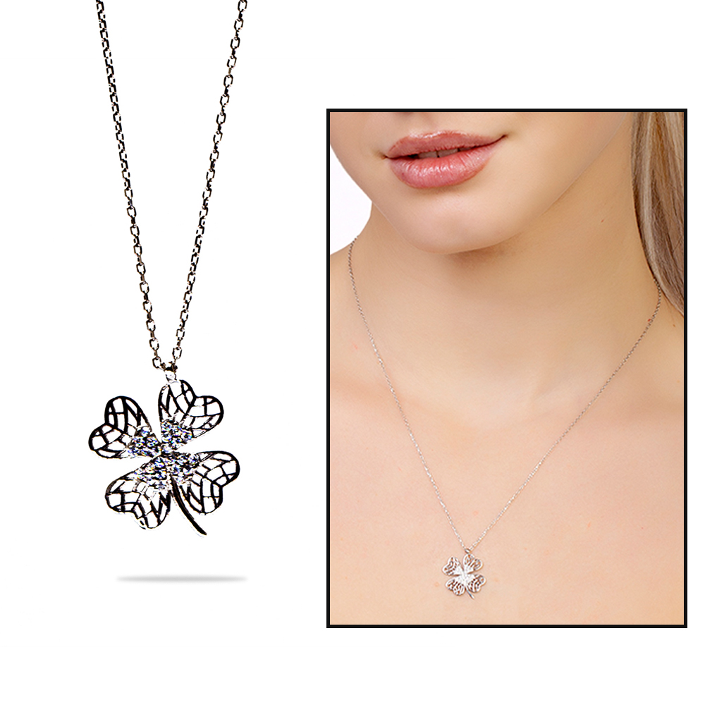 Beyaz Zirkon Taşlı Telkari Tasarım Yonca Model 925 Ayar Gümüş Kadın Kolye - 1