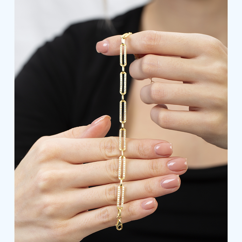 Beyaz Zirkon Taşlı Trend Tasarım Altın Renk 925 Ayar Gümüş Kadın Bileklik - 5