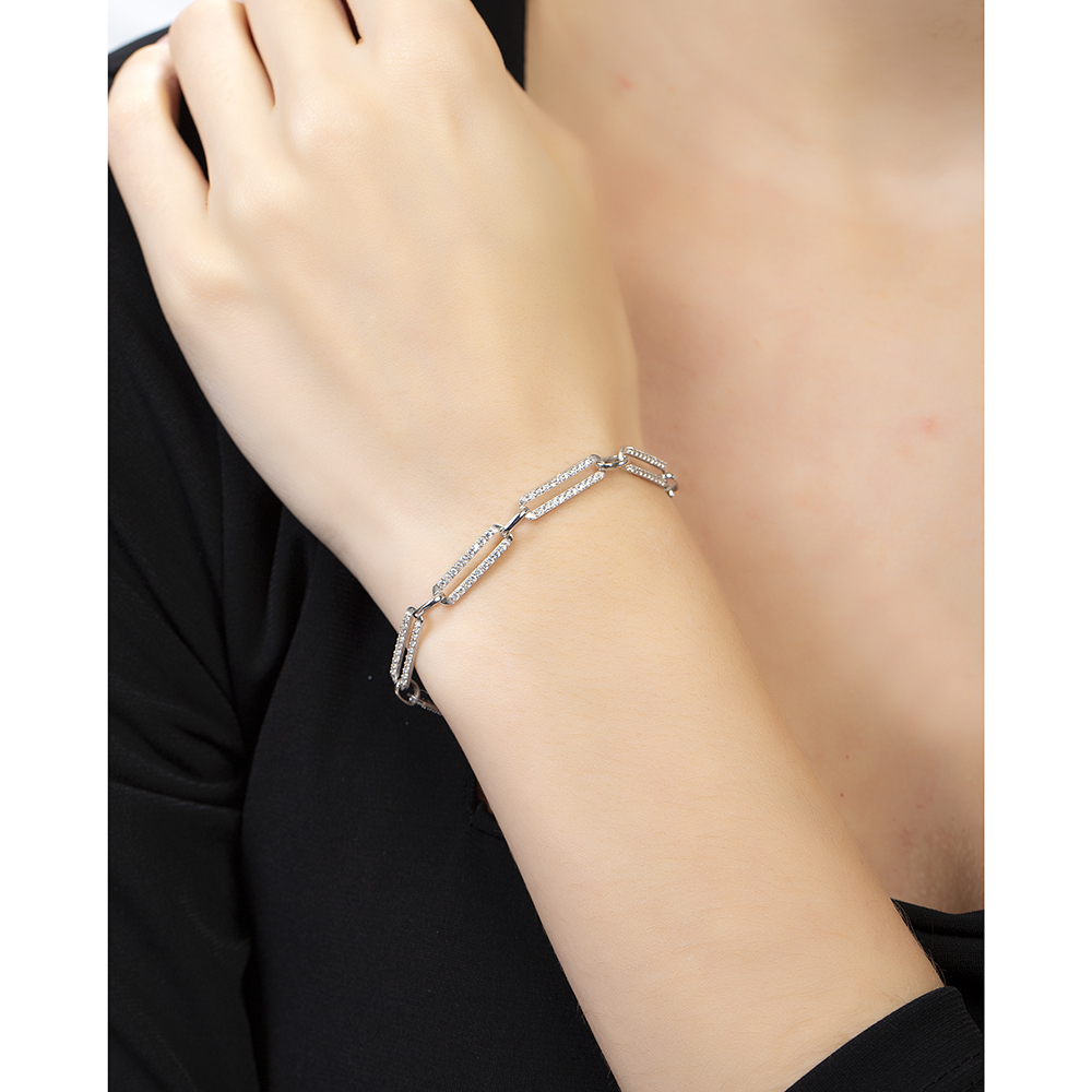 Beyaz Zirkon Taşlı Trend Tasarım Gümüş Renk 925 Ayar Gümüş Kadın Bileklik - 4