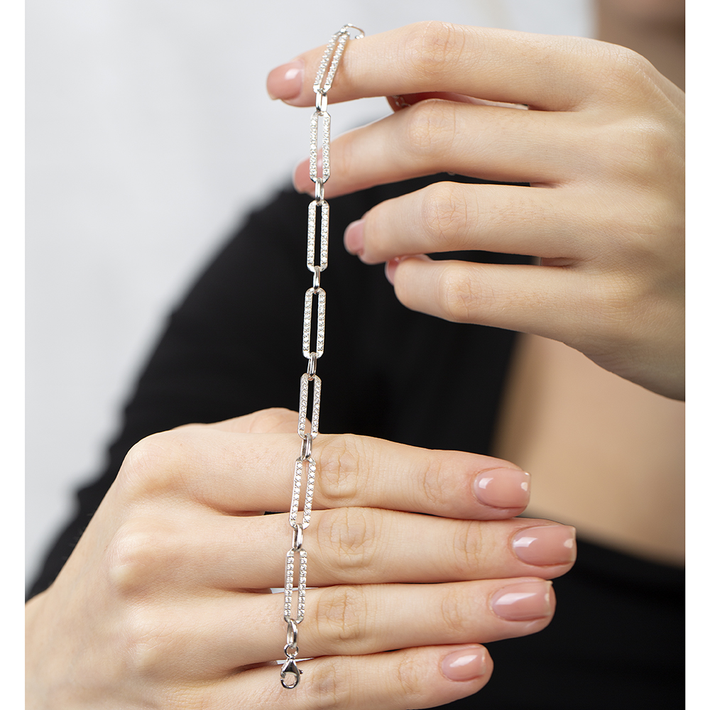 Beyaz Zirkon Taşlı Trend Tasarım Gümüş Renk 925 Ayar Gümüş Kadın Bileklik - 5