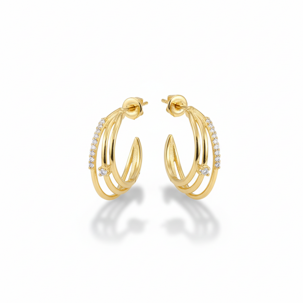 Beyaz Zirkon Taşlı Üç Sıralı Altın Renk 925 Ayar Gümüş Kadın Küpe - 4