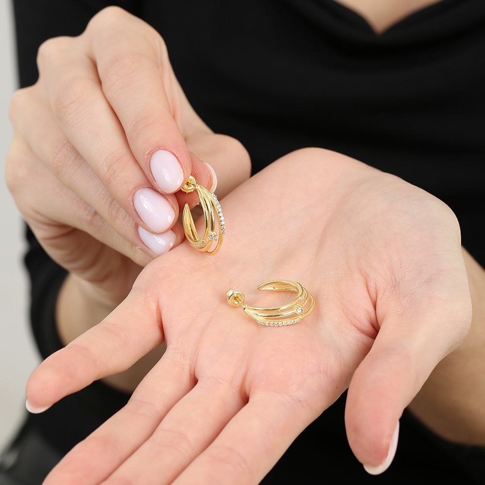 Beyaz Zirkon Taşlı Üç Sıralı Altın Renk 925 Ayar Gümüş Kadın Küpe - 2