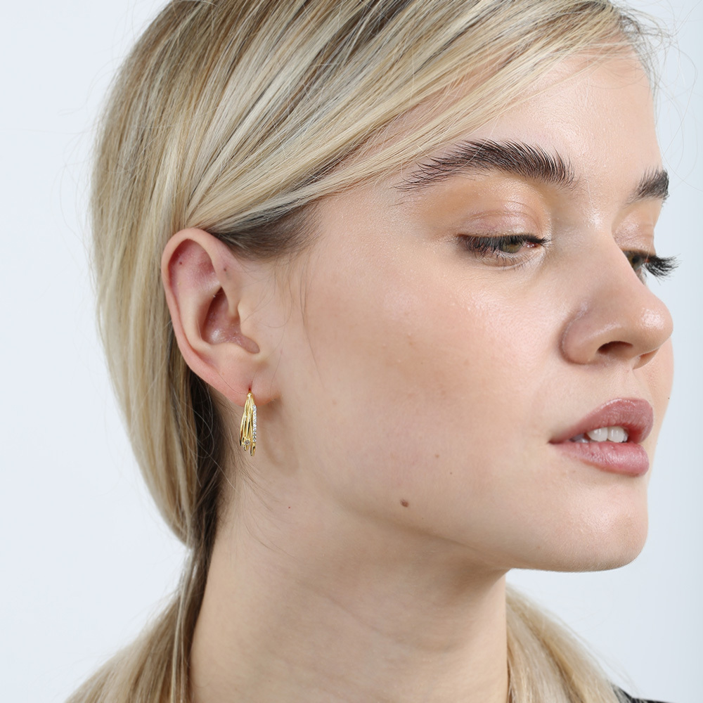 Beyaz Zirkon Taşlı Üç Sıralı Altın Renk 925 Ayar Gümüş Kadın Küpe - 1