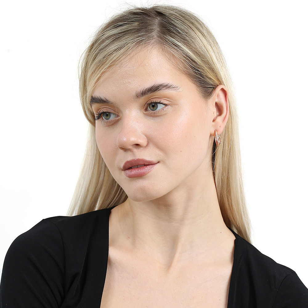 Beyaz Zirkon Taşlı Üç Sıralı Rose Renk 925 Ayar Gümüş Kadın Küpe - 2