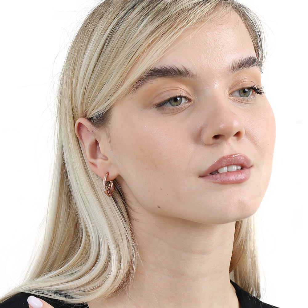 Beyaz Zirkon Taşlı Üç Sıralı Rose Renk 925 Ayar Gümüş Kadın Küpe - 1