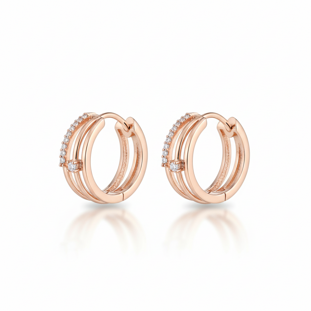 Beyaz Zirkon Taşlı Üç Sıralı Rose Renk 925 Ayar Gümüş Kadın Küpe - 4