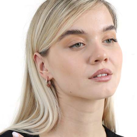 Beyaz Zirkon Taşlı Üç Sıralı Rose Renk 925 Ayar Gümüş Kadın Küpe - Tesbihane